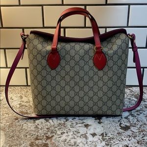 Gucci Foldover Tote with pink and red handles